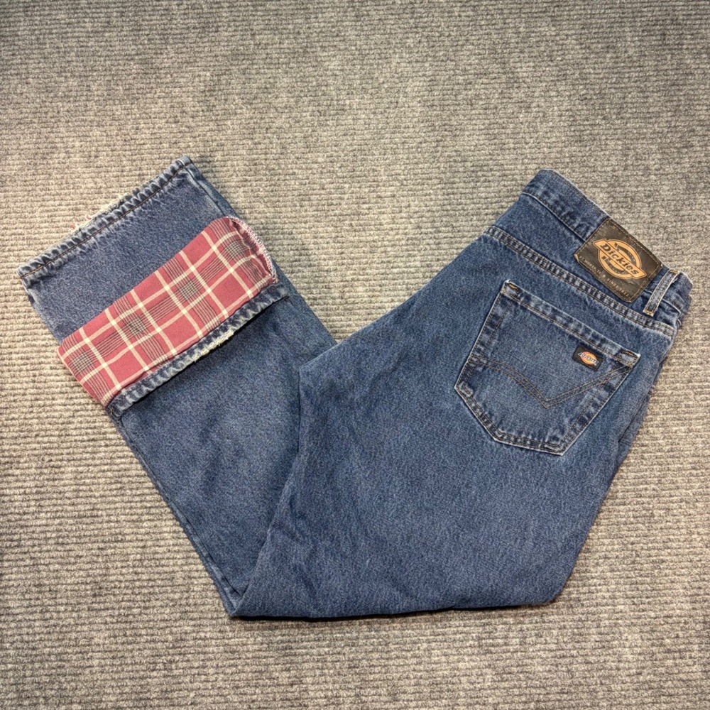 Dickies Mens Flannel Lined Relaxed Fit Jeans Blue Plaid Medium Wash 36x30